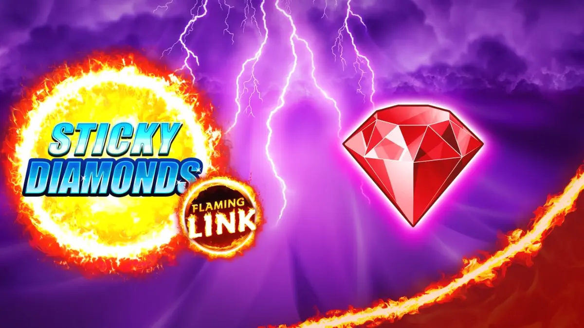 Tampilan layar slot Sticky Diamonds Flaming Link dengan simbol permata dan latar belakang badai petir.