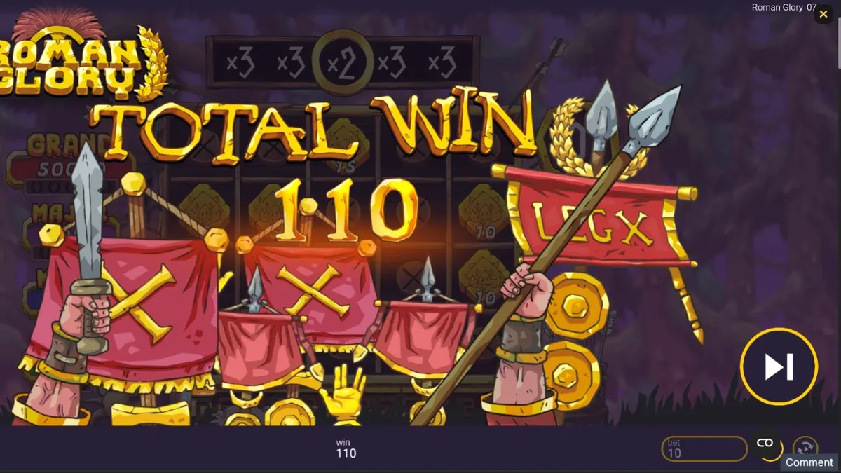 Tampilan visual slot Roman Glory dengan tema hutan dan karakter prajurit Romawi